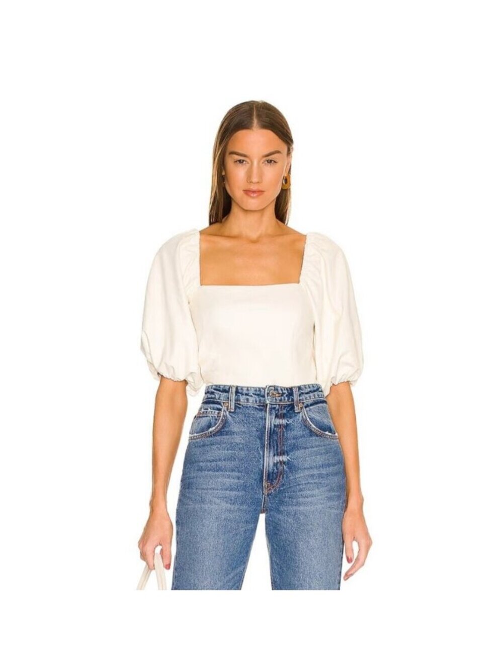 Amanda Uprichard Tulane Top Faux Leather Romantic Puff-Sleeve Crop Large